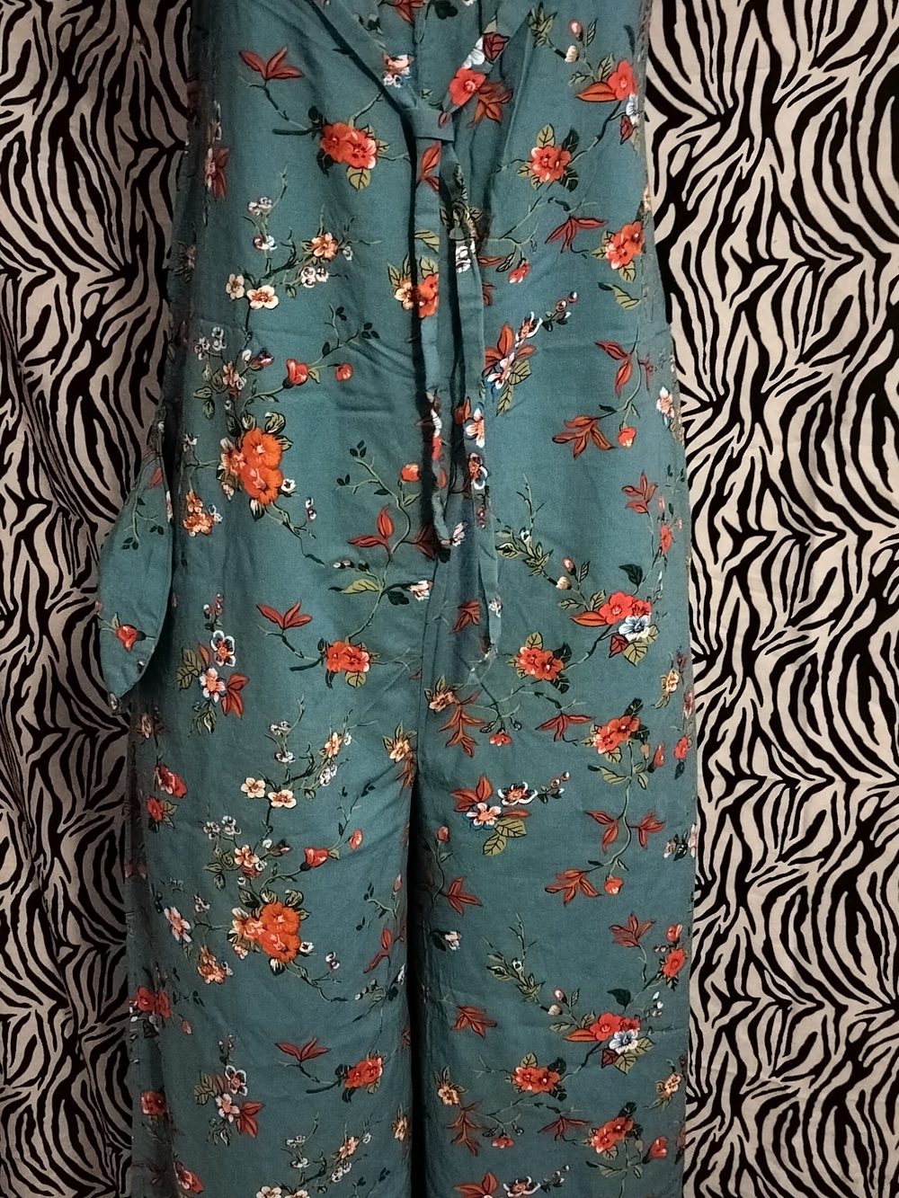 Teal Floral Wide-Leg Jumpsuit with Tie Waist